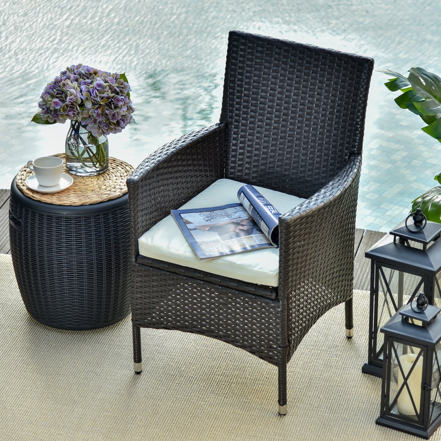 Outsunny 2 PC Outdoor Rattan Armchair Dining Chair Garden Patio Furniture w/ Armrests Cushions Deep Coffee