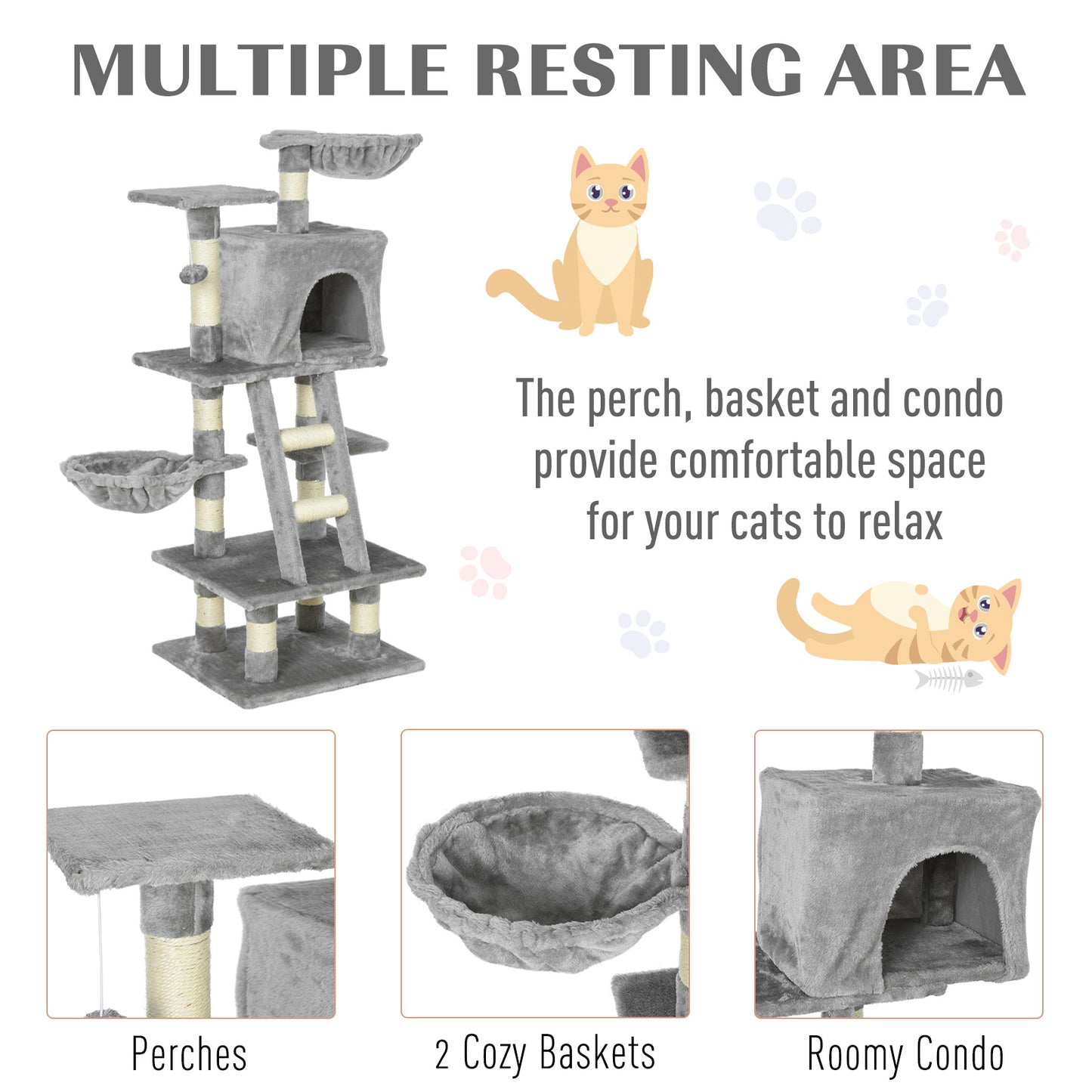 Plush Cat Tree, 125cm Cat Scratching Post for Indoor Large Cats with Hammock and Condo Activity Center Grey