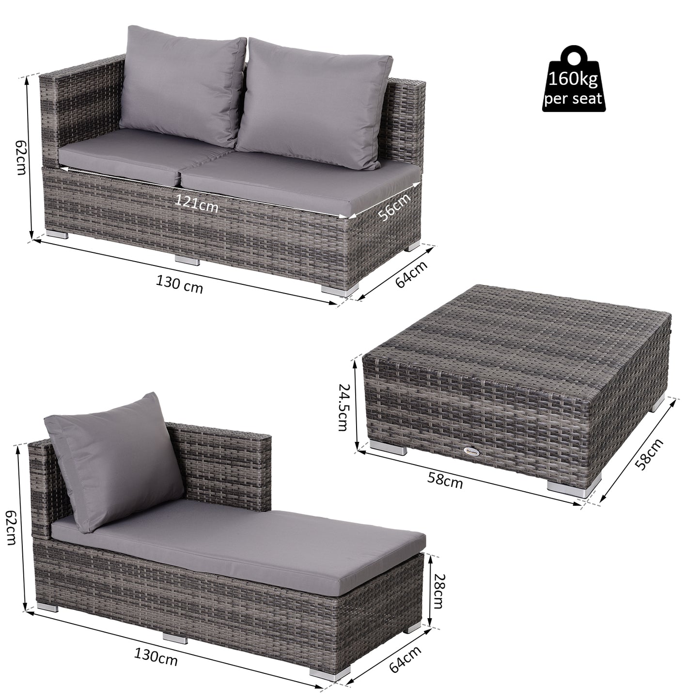 3PC Rattan Garden Furniture Storage Set 4 Seater Wicker Coffee Table Conservatory Sun Lounger Reclining Set Outdoor Weave with Cushion Grey