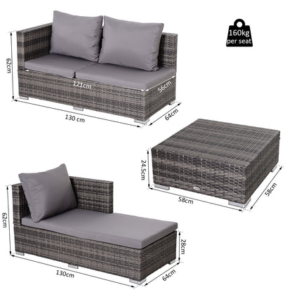 3PC Rattan Garden Furniture Storage Set 4 Seater Wicker Coffee Table Conservatory Sun Lounger Reclining Set Outdoor Weave with Cushion Grey