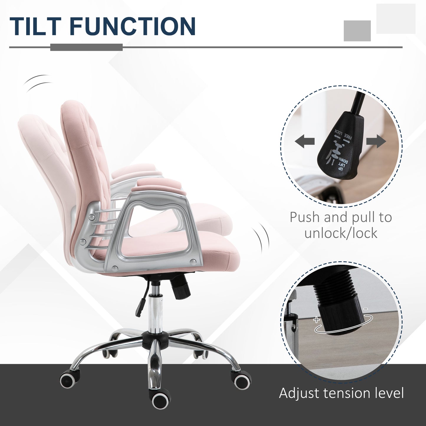 Vinsetto Office Chair Ergonomic 360¬¨‚àû Swivel Diamond Tufted Home Work Velour Padded Base 5 Castor Wheels Pink