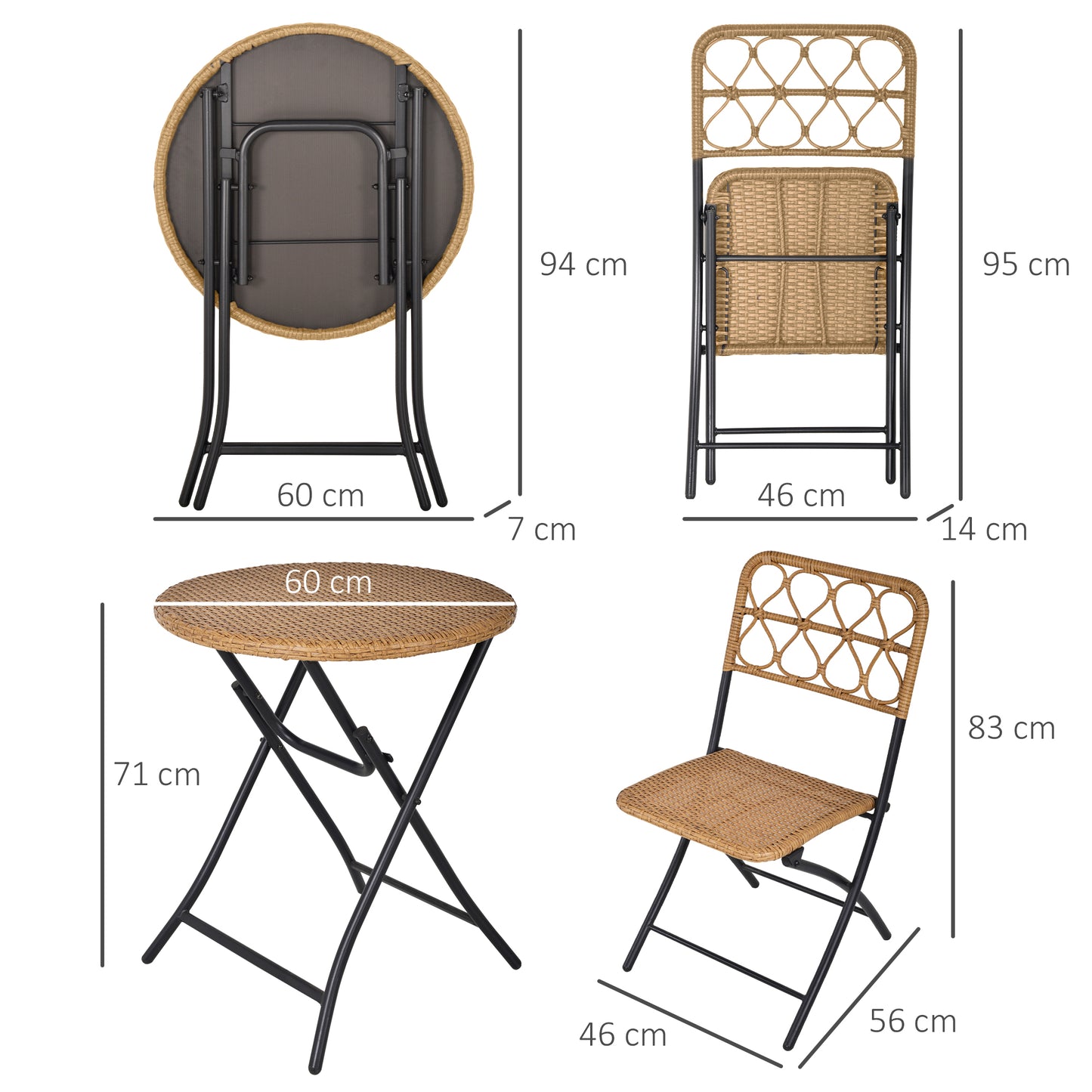 Outsunny 3 PCS Rattan Wicker Bistro Set with Easy Folding, Hand Woven Rattan Coffee Table and Chairs for Outdoor Lawn, Pool, Balcony & Garden, Natural