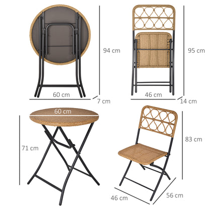 Outsunny 3 PCS Rattan Wicker Bistro Set with Easy Folding, Hand Woven Rattan Coffee Table and Chairs for Outdoor Lawn, Pool, Balcony & Garden, Natural