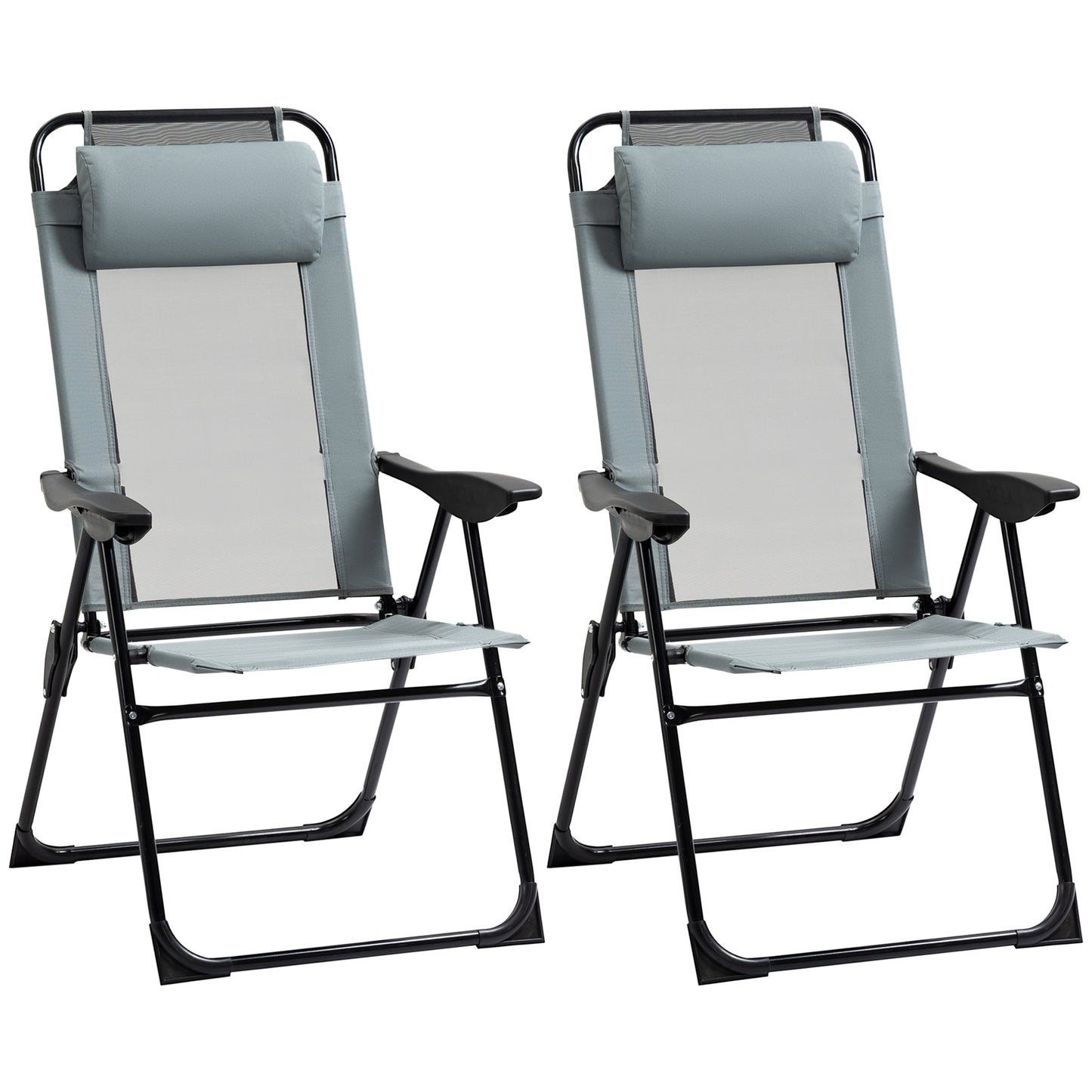 Set of 2 Portable Folding Reclining Metal Outdoor Patio Chaise Lounge Chairs with Adjustable Backrest, Grey