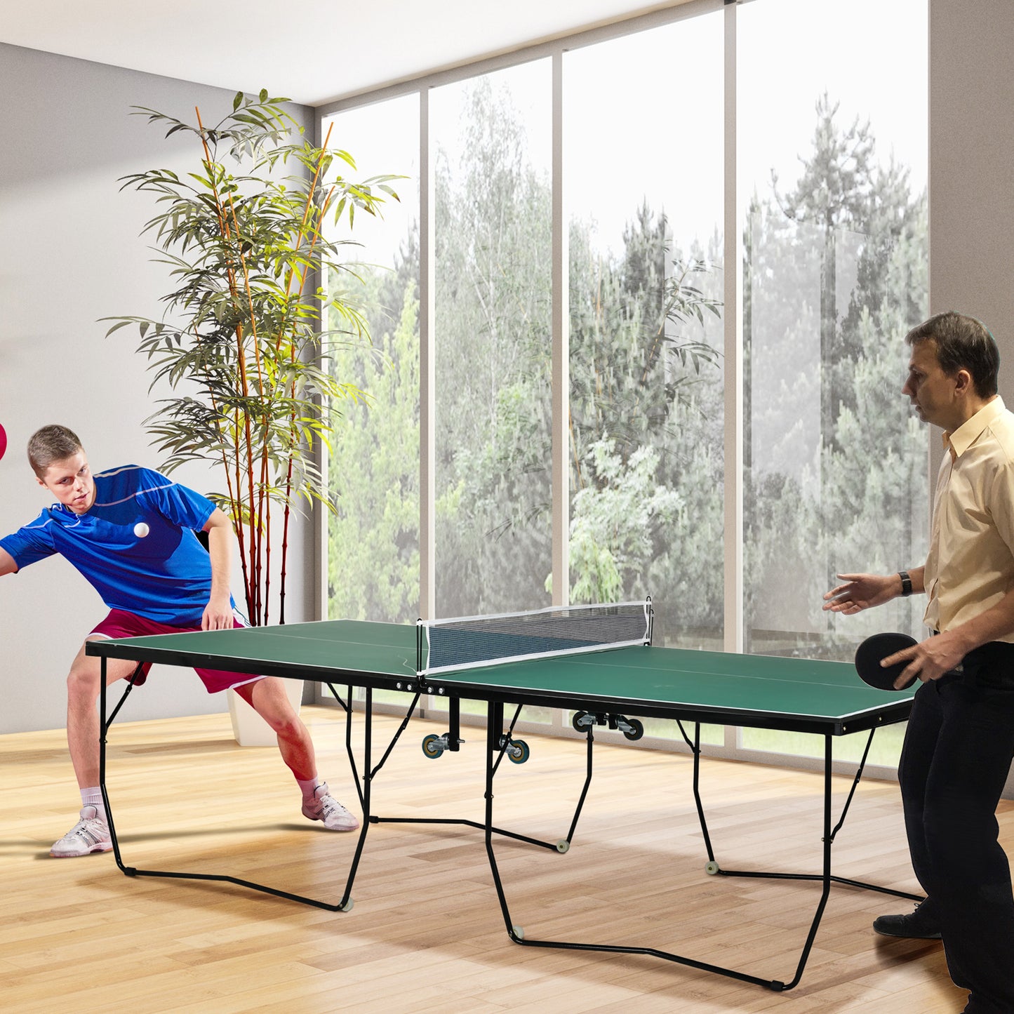 9FT Folding Tennis Table, with 8 Wheels, for Indoor Use, Green + Comes with a net, two paddles and three balls