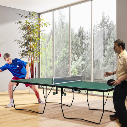 9FT Folding Tennis Table, with 8 Wheels, for Indoor Use, Green + Comes with a net, two paddles and three balls