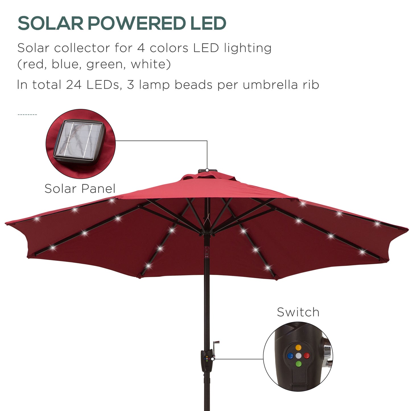 Φ2.7m Garden 24 LED Light Parasol Solar Outdoor Tilt Sun Umbrella Patio Club Party Event Manual Sun Shade w/ Hand Crank and 8 Ribs Red
