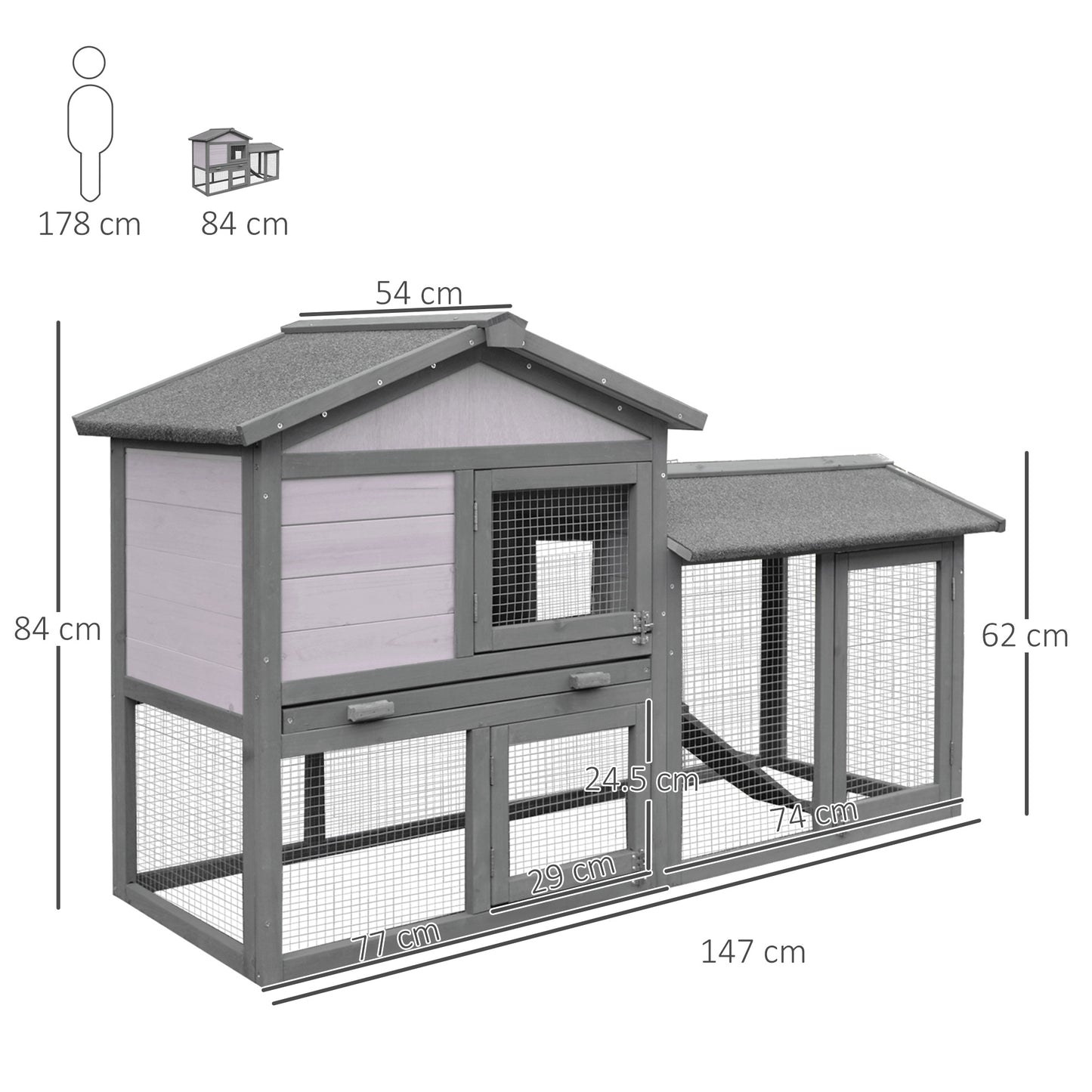 Wooden Rabbit Hutch Outdoor, Double Tier Guinea Pig Hutch, Small Animal House Water-Resistant Roof Ramp 147 x 54 x 84 cm