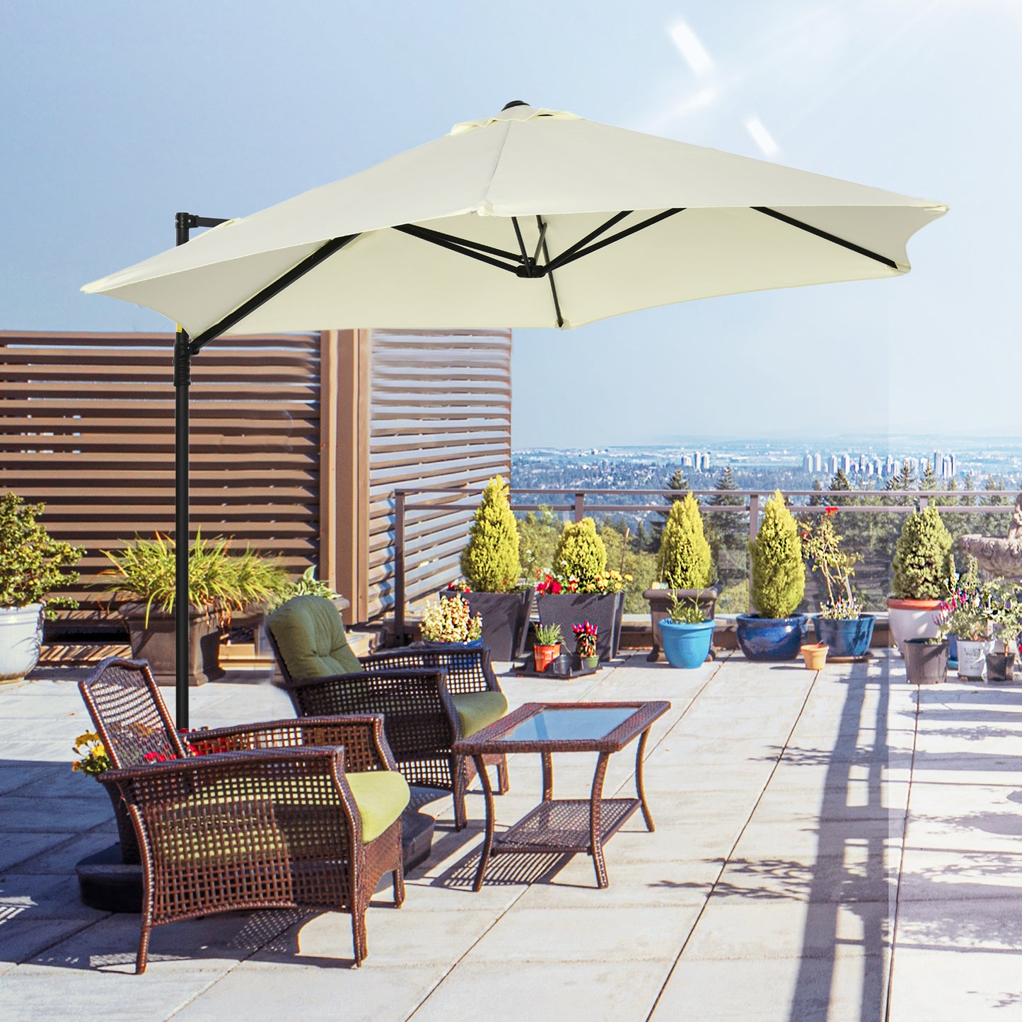 Outsunny 2.5M Garden Cantilever Parasol with 360¬¨‚àû Rotation, Offset Roma Patio Umbrella Hanging Sun Shade Canopy Shelter with Cross Base, Beige