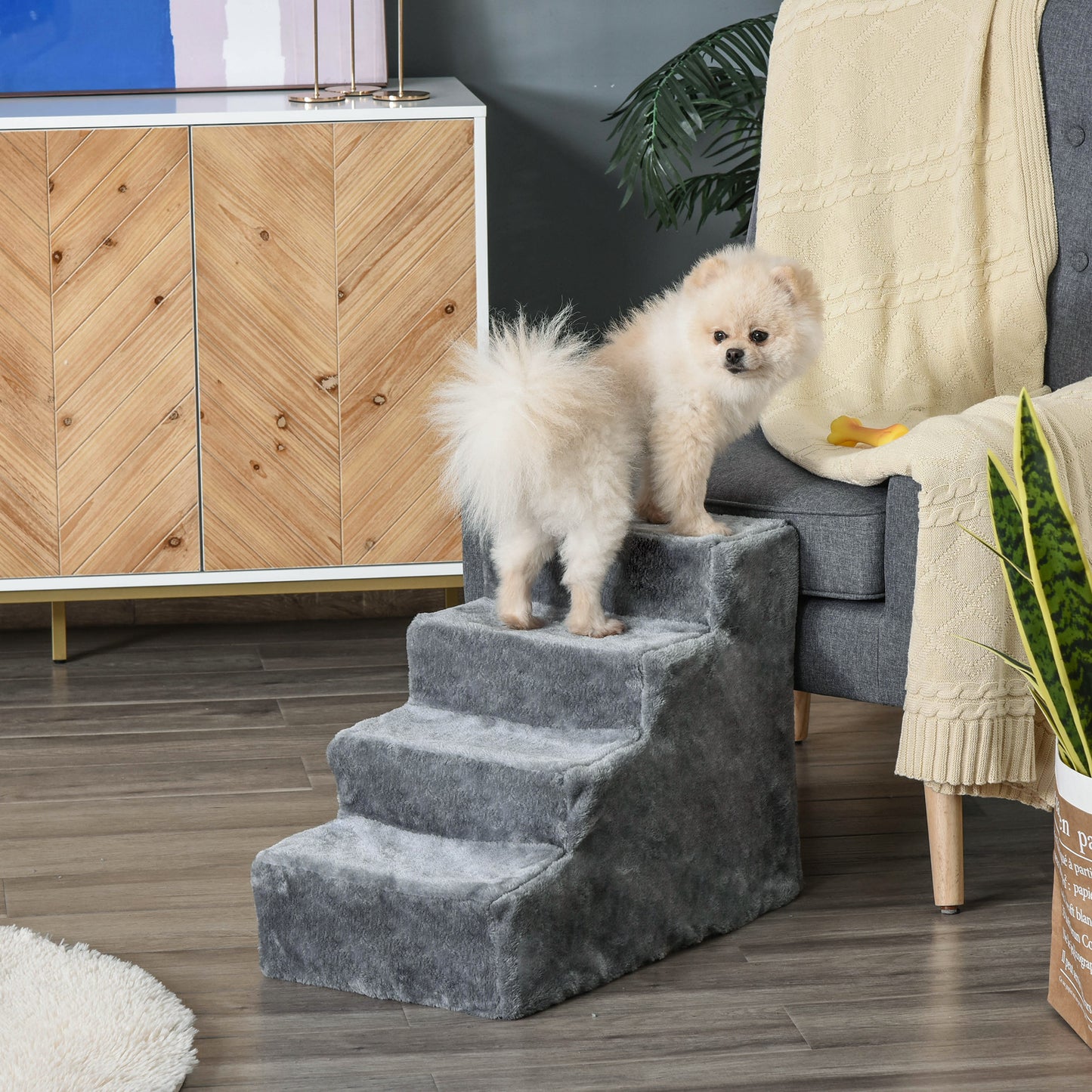 Potable Dog Stairs 4-Steps with Washable Plush Cover, Pet Staris for High Bed Sofa, Dog Steps for Small Dog and Cat, Light Grey