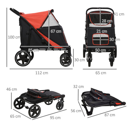 Pet Stroller w/ Universal Front Wheels, Shock Absorber, One-Click Foldable Dog Cat Carriage w/ Brakes, Storage Bags, Mesh Window, Safety Leash, for Large and Medium Dogs - Red