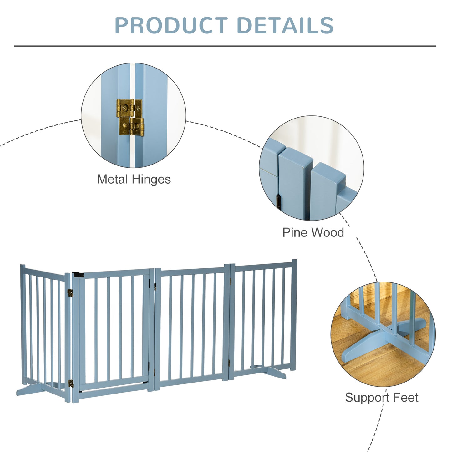 Freestanding Pet Gate for Small and Medium Dogs, Wooden Foldable Dog Safety Barrier with 4 Panels, 2 Support Feet, 80 cm Tall for Doorways, Stairs Blue-grey
